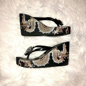 Bebe Alaya Wedge Flip Flop Dragon Design